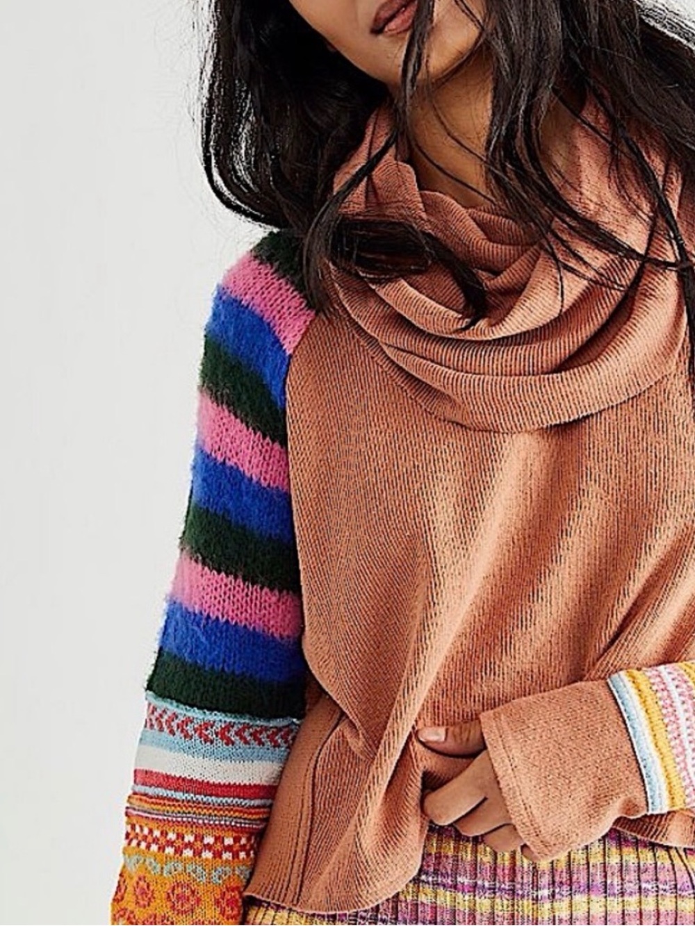 We The Free Multicolor Cowl Neck Sweater in Tan with Pink, Blue & Green Accents
